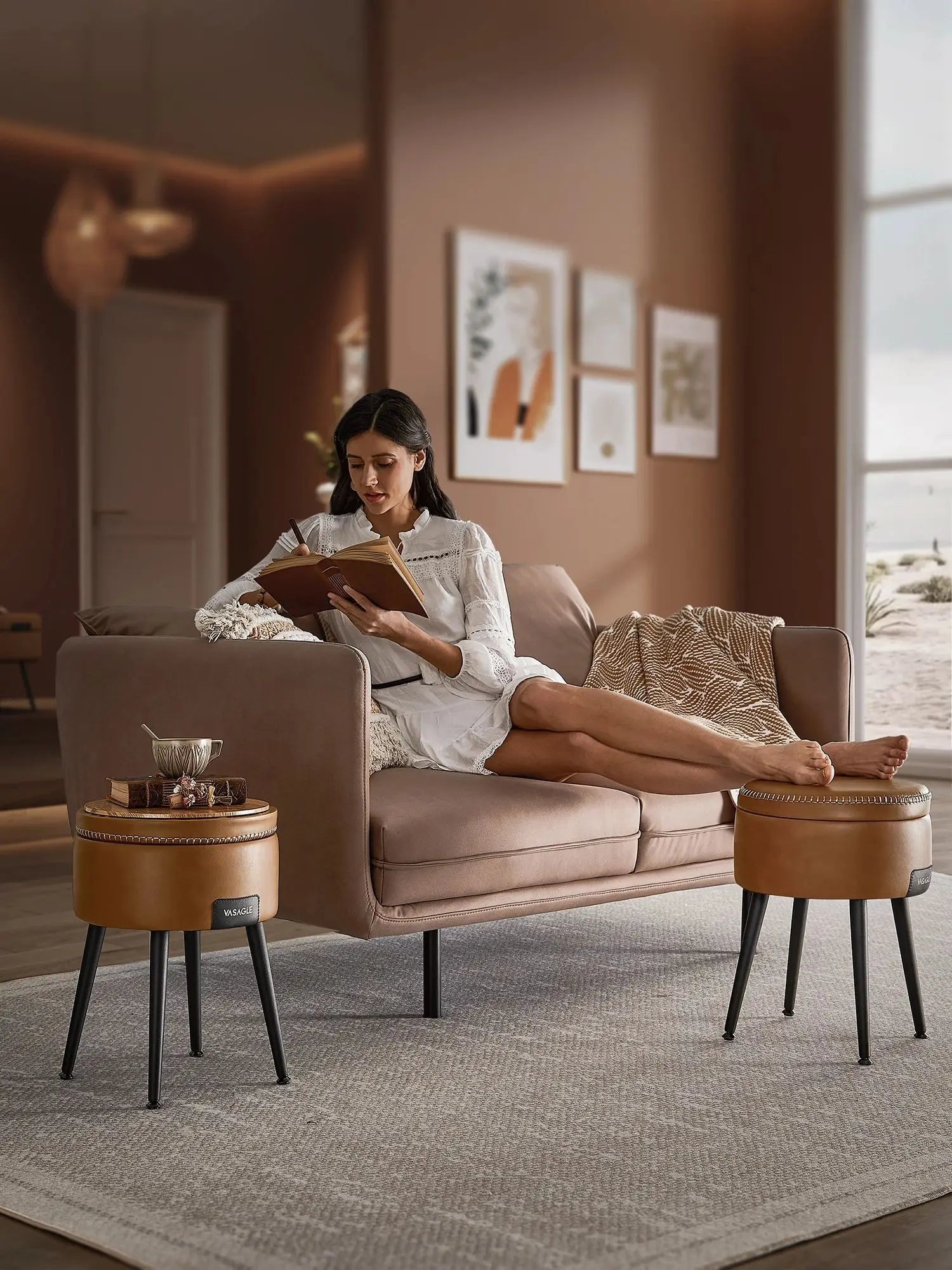 VASAGLE EKHO Collection - Storage Ottoman, Dressing Table Stool, Synthetic Leather with Stitching and steel Legs, Loads 150 - Bakesbyemily.com