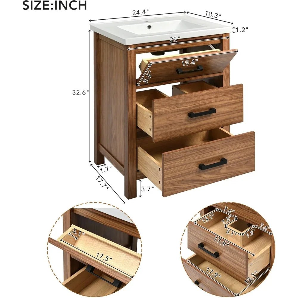 24" Farmhouse Bathroom Vanity with Undermount Sink | Freestanding Single Sink Combo with Tip - Out Drawer & Dual Pull - Out Drawers - Recipeliebe.com