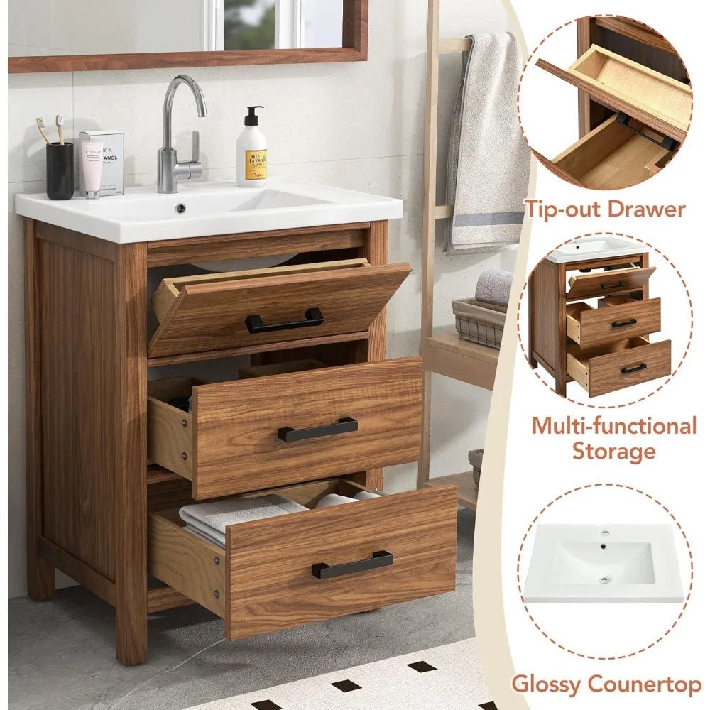 24" Farmhouse Bathroom Vanity with Undermount Sink | Freestanding Single Sink Combo with Tip - Out Drawer & Dual Pull - Out Drawers - Recipeliebe.com
