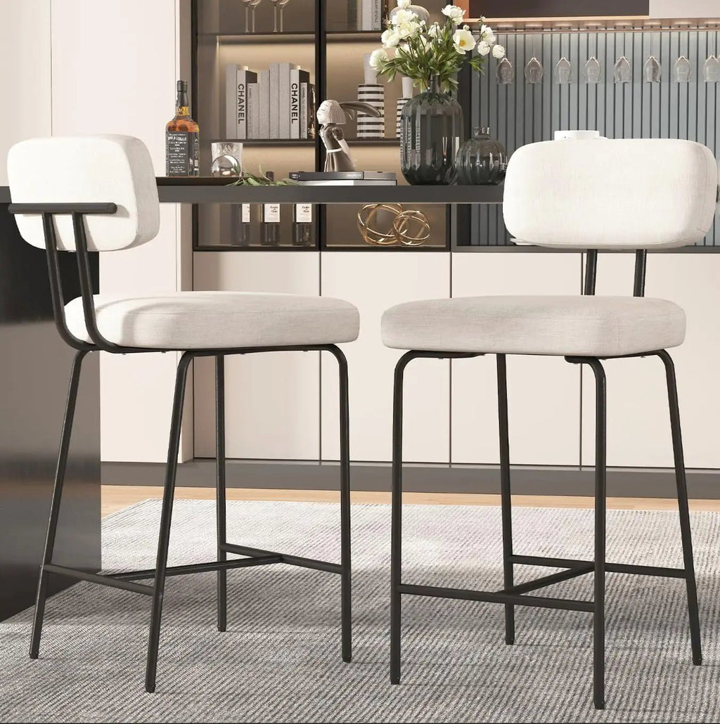 26" counter height bar stools (Set of 2) - White Fabric with Backs, Wide Seat, Metal Legs & Footrest | Kitchen Bar Use - Recipeliebe.com