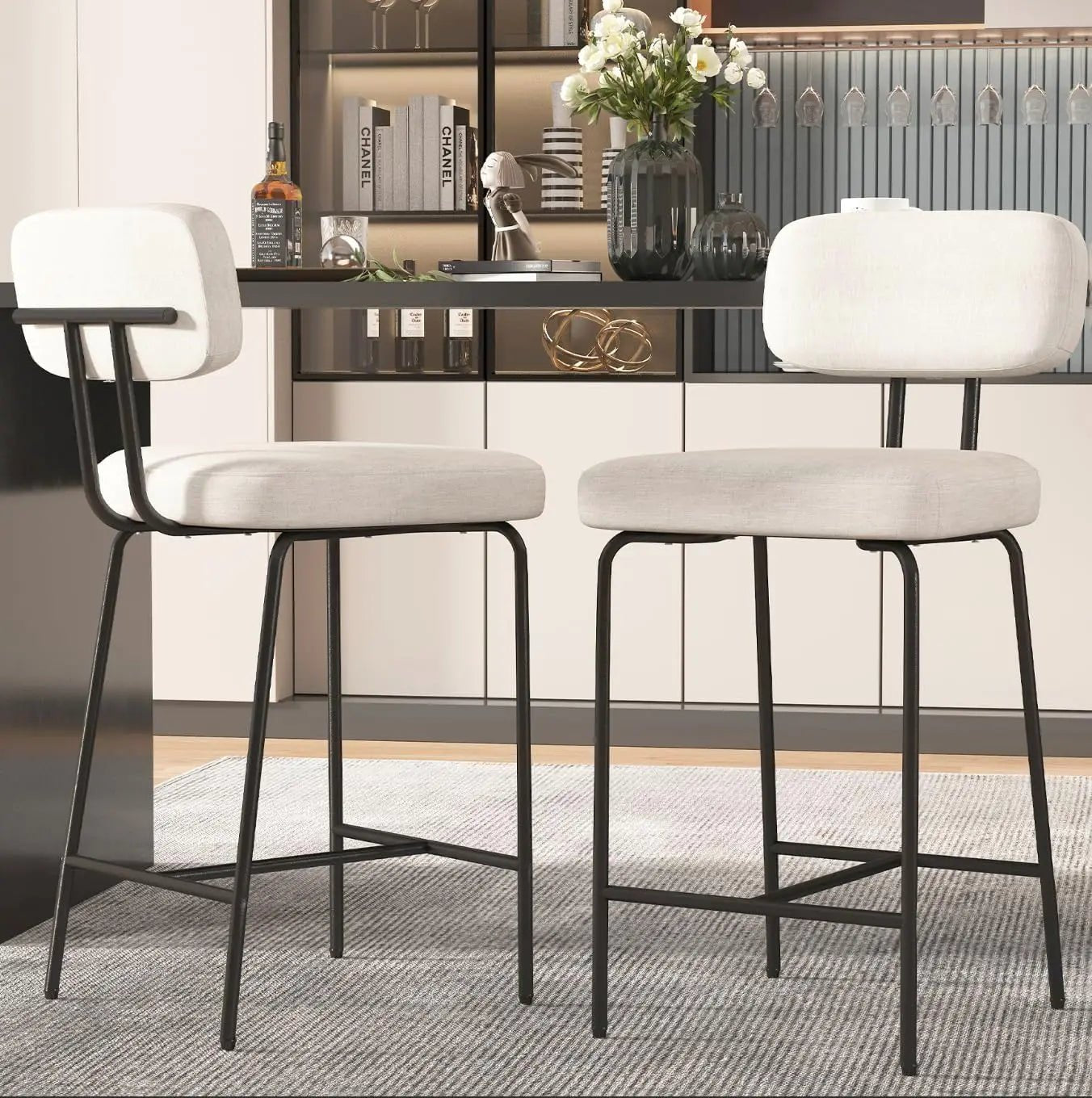 26" counter height bar stools (Set of 2) - White Fabric with Backs, Wide Seat, Metal Legs & Footrest | Kitchen Bar Use - Recipeliebe.com