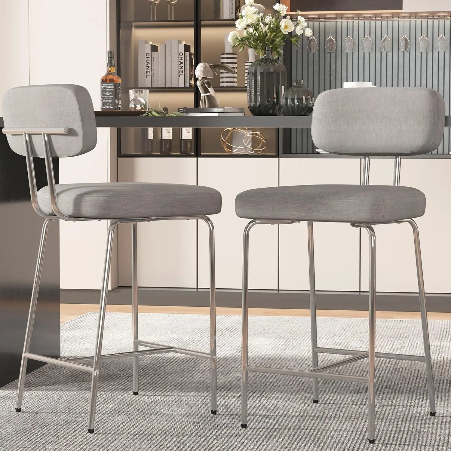26" counter height bar stools (Set of 2) - White Fabric with Backs, Wide Seat, Metal Legs & Footrest | Kitchen Bar Use - Recipeliebe.com
