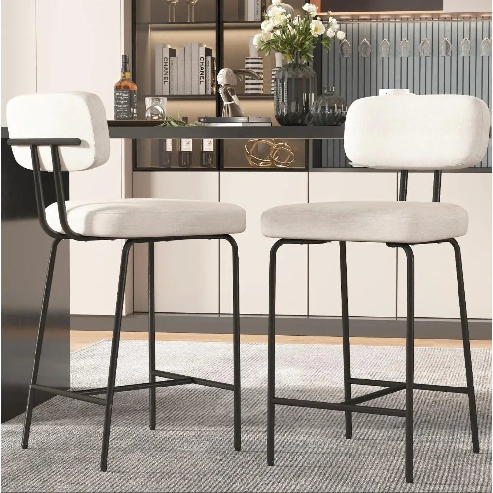 26" counter height bar stools (Set of 2) - White Fabric with Backs, Wide Seat, Metal Legs & Footrest | Kitchen Bar Use - Recipeliebe.com