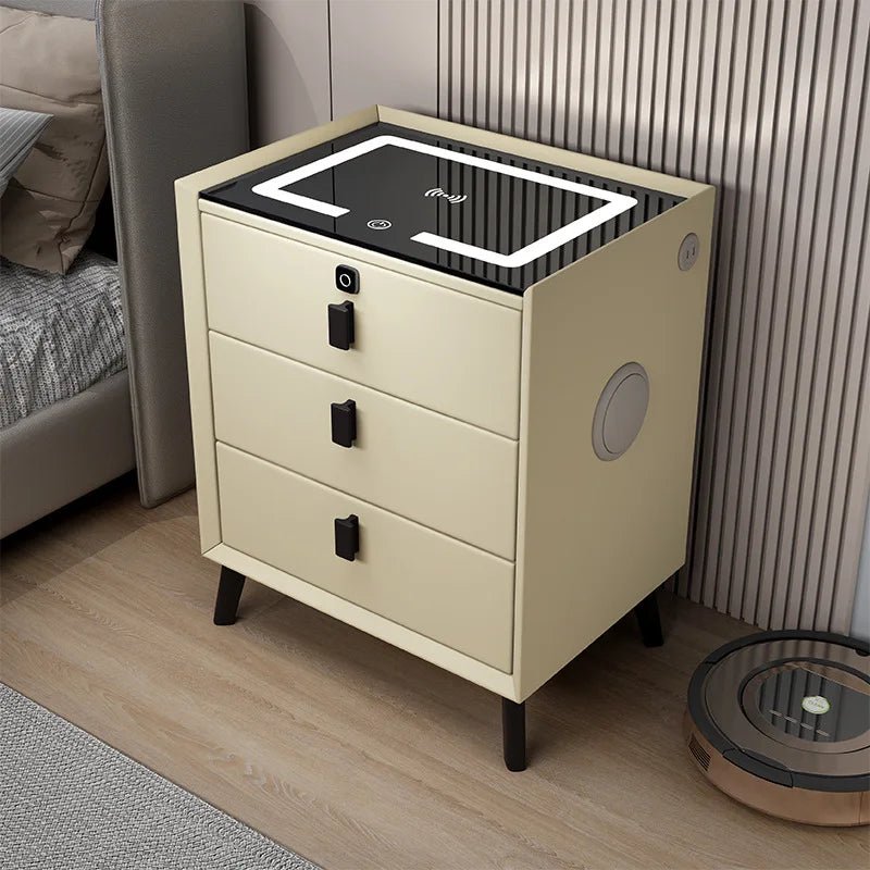 3 Drawers Smart Bedside Table with Wireless Charging Solid Wood Bedroom End Table with Fingerprints Lock Hotel Nightstands - Recipeliebe.com