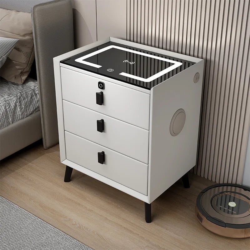 3 Drawers Smart Bedside Table with Wireless Charging Solid Wood Bedroom End Table with Fingerprints Lock Hotel Nightstands - Recipeliebe.com