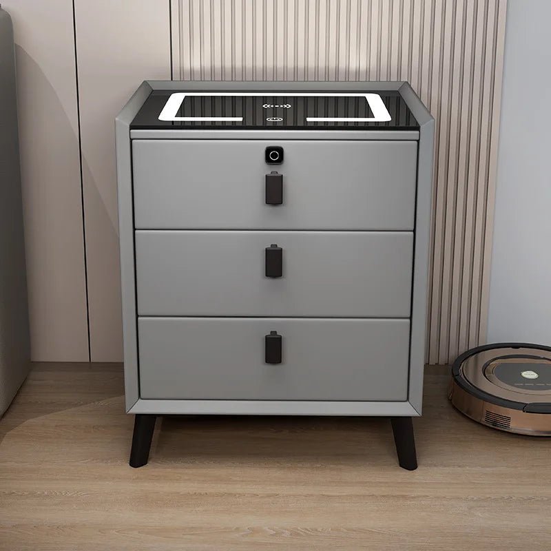3 Drawers Smart Bedside Table with Wireless Charging Solid Wood Bedroom End Table with Fingerprints Lock Hotel Nightstands - Recipeliebe.com