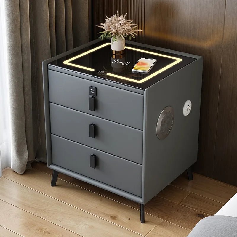 3 Drawers Smart Bedside Table with Wireless Charging Solid Wood Bedroom End Table with Fingerprints Lock Hotel Nightstands - Recipeliebe.com