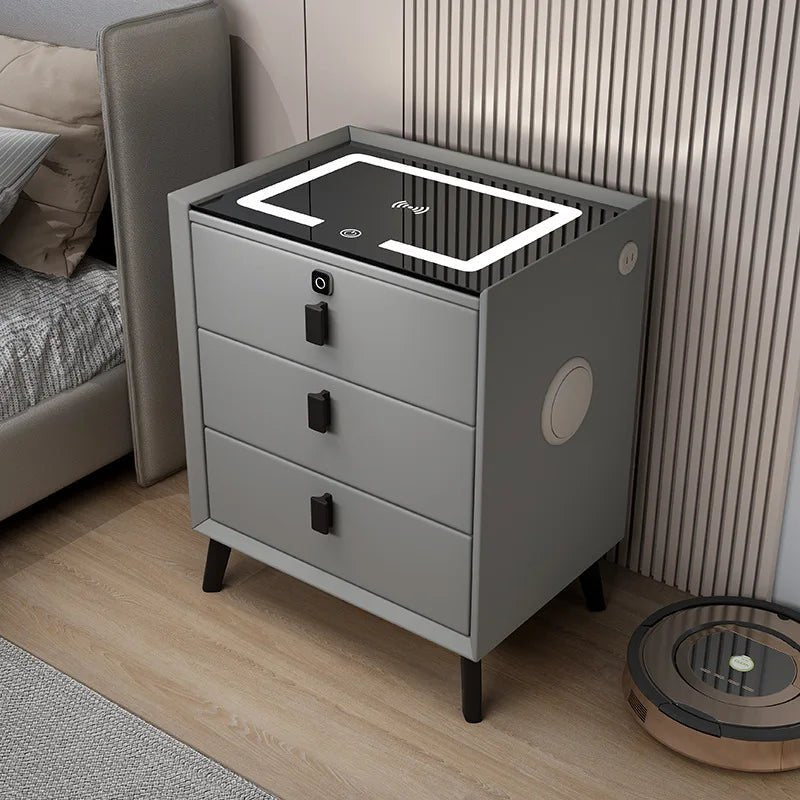 3 Drawers Smart Bedside Table with Wireless Charging Solid Wood Bedroom End Table with Fingerprints Lock Hotel Nightstands - Recipeliebe.com