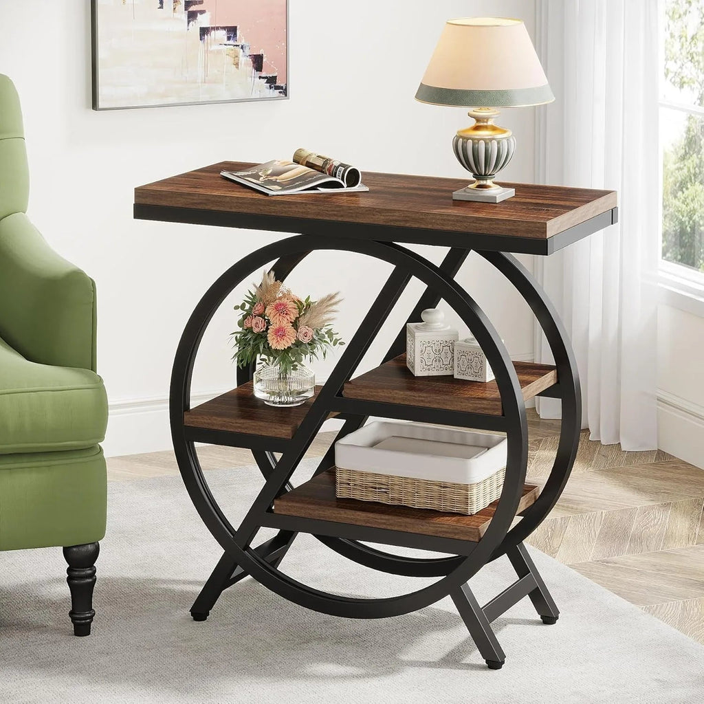 3 - Tier Narrow Side Table with Storage, Wood Sofa Side Table with Geometric Metal Frame, Nightstand for Bedroom, Living Room - Bakesbyemily.com