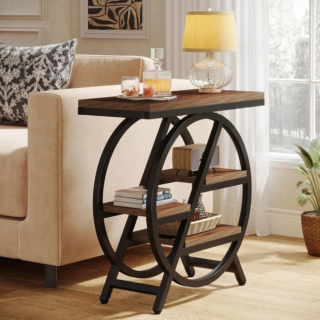 3 - Tier Narrow Side Table with Storage, Wood Sofa Side Table with Geometric Metal Frame, Nightstand for Bedroom, Living Room - Bakesbyemily.com