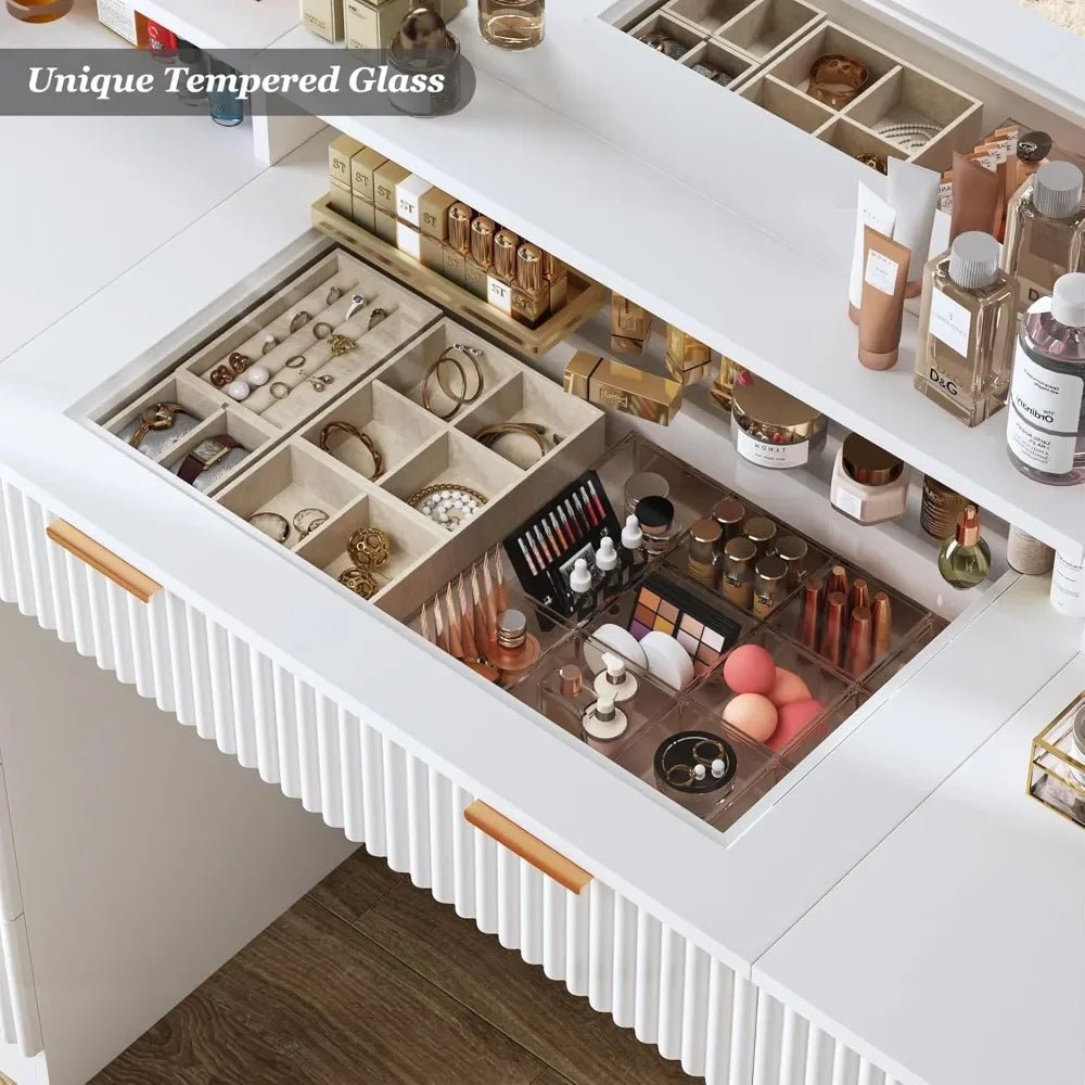 46" Fluted Vanity Desk with Large Mirror and Lights, Makeup Vanity Desk w/ Glass Top & Power Outlet, 9 - Drawer Dressing Table w/ - Bakesbyemily.com