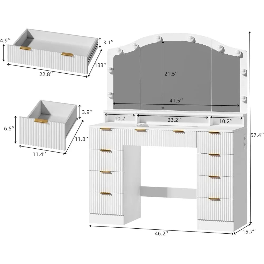 46" Fluted Vanity Desk with Large Mirror and Lights, Makeup Vanity Desk w/ Glass Top & Power Outlet, 9 - Drawer Dressing Table w/ - Bakesbyemily.com