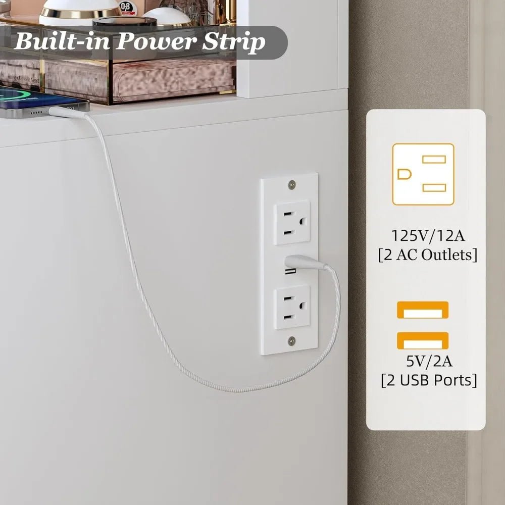 46" Fluted Vanity Desk with Large Mirror and Lights, Makeup Vanity Desk w/ Glass Top & Power Outlet, 9 - Drawer Dressing Table w/ - Bakesbyemily.com