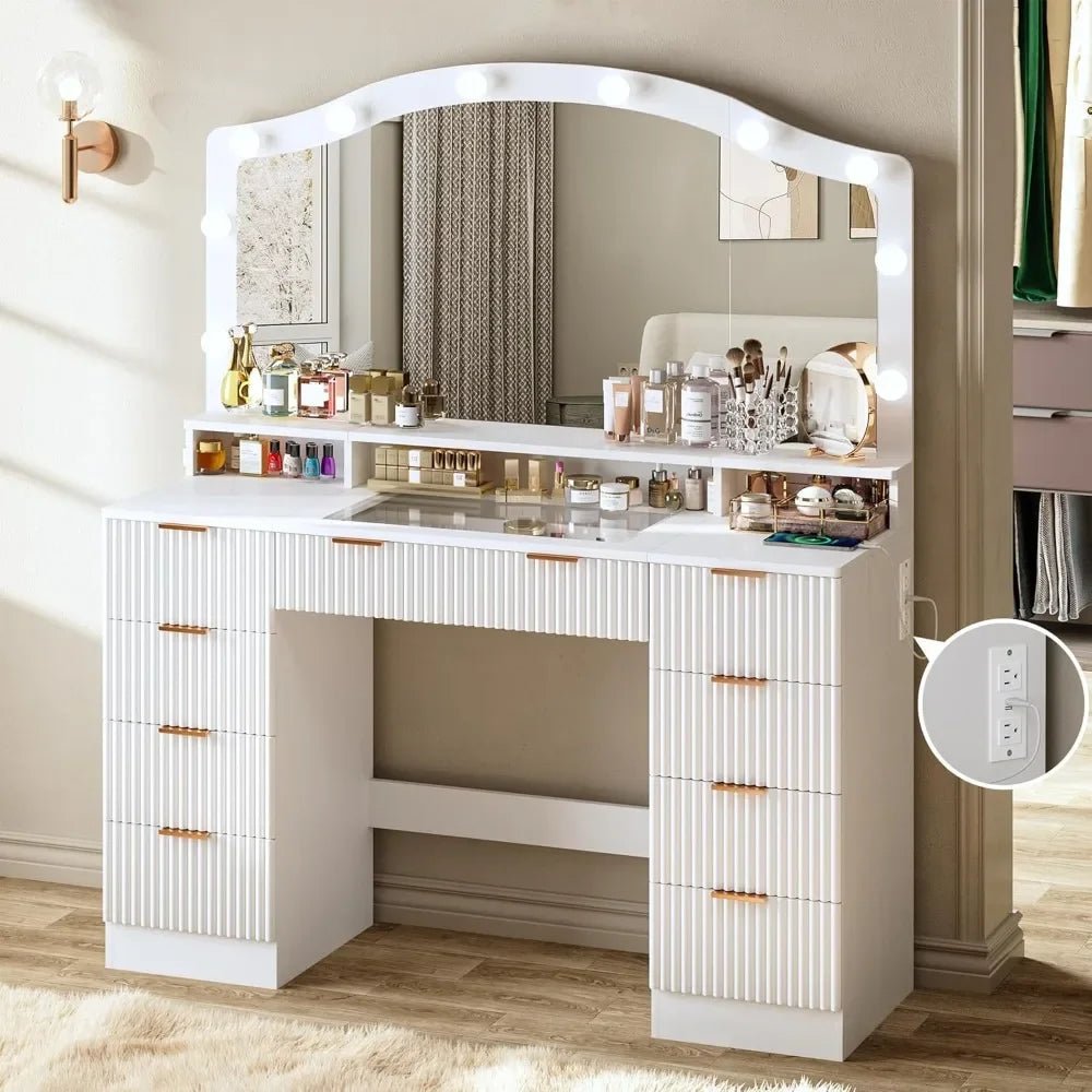 46" Fluted Vanity Desk with Large Mirror and Lights, Makeup Vanity Desk w/ Glass Top & Power Outlet, 9 - Drawer Dressing Table w/ - Bakesbyemily.com