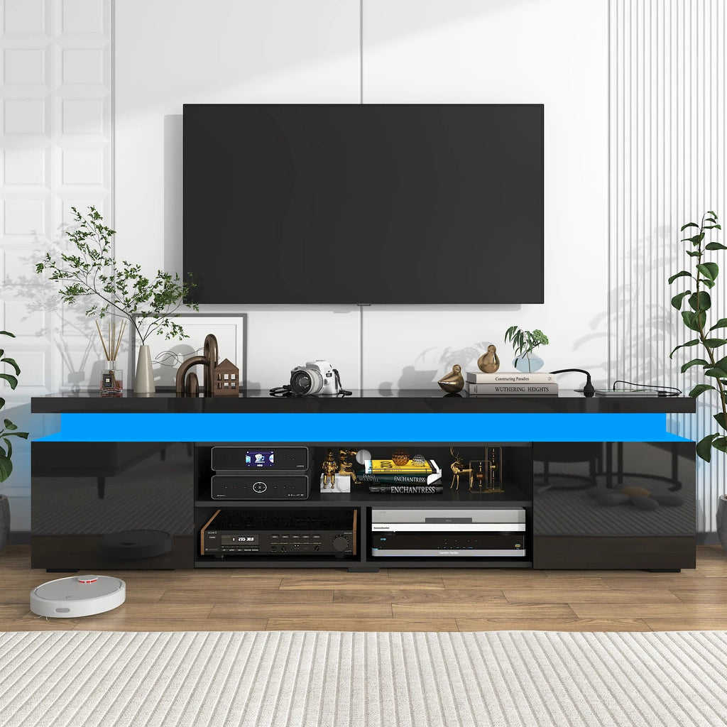 74'' LED TV Stand for Televisions up to 65'' Modern TV Cabinet with Power Outlet, High Gloss Entertainment Center with Storage - Recipeliebe.com
