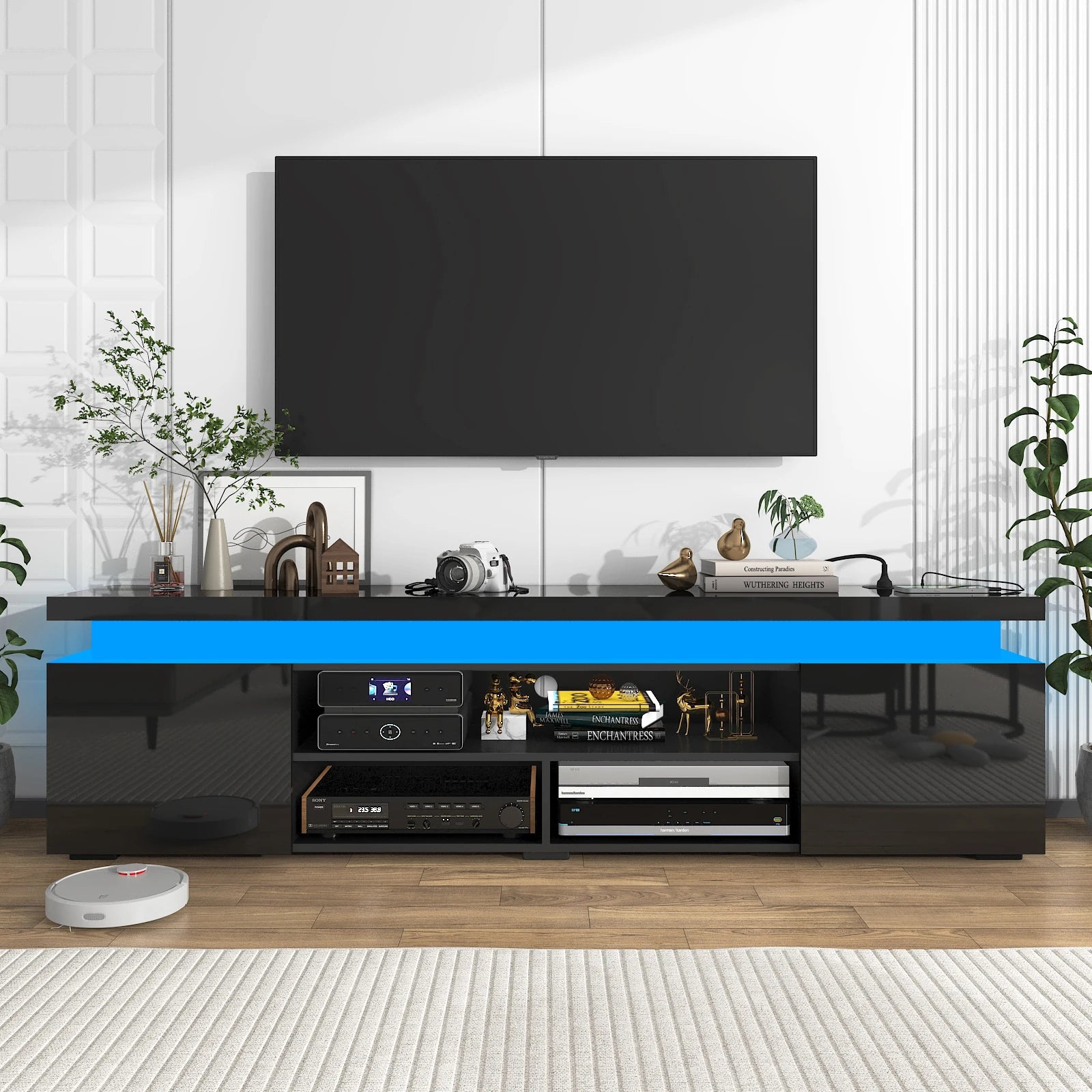 74'' LED TV Stand for Televisions up to 65'' Modern TV Cabinet with Power Outlet, High Gloss Entertainment Center with Storage - Recipeliebe.com