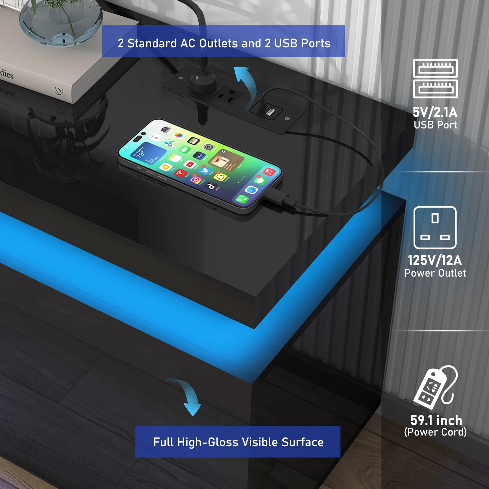 74'' LED TV Stand for Televisions up to 65'' Modern TV Cabinet with Power Outlet, High Gloss Entertainment Center with Storage - Recipeliebe.com