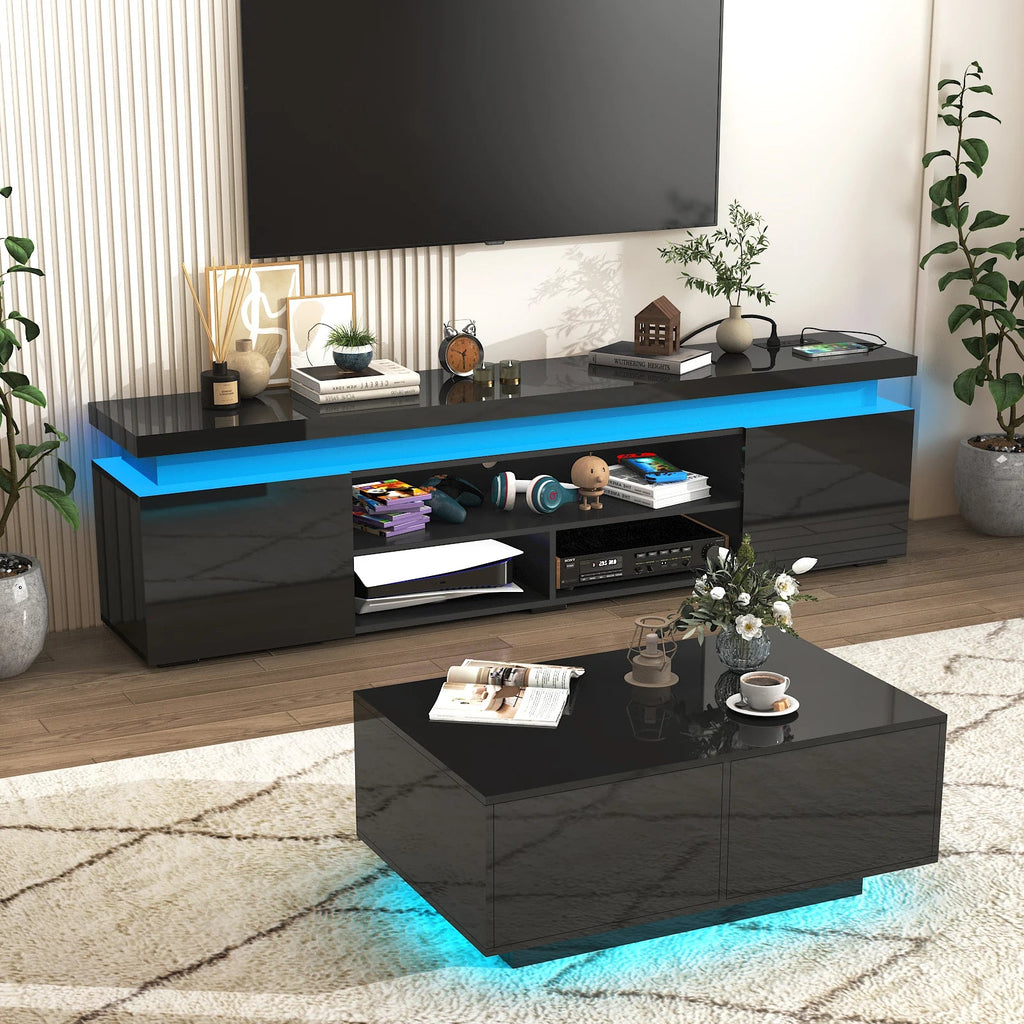 74'' LED TV Stand for Televisions up to 65'' Modern TV Cabinet with Power Outlet, High Gloss Entertainment Center with Storage - Recipeliebe.com