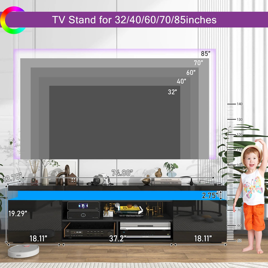 74'' LED TV Stand for Televisions up to 65'' Modern TV Cabinet with Power Outlet, High Gloss Entertainment Center with Storage - Recipeliebe.com