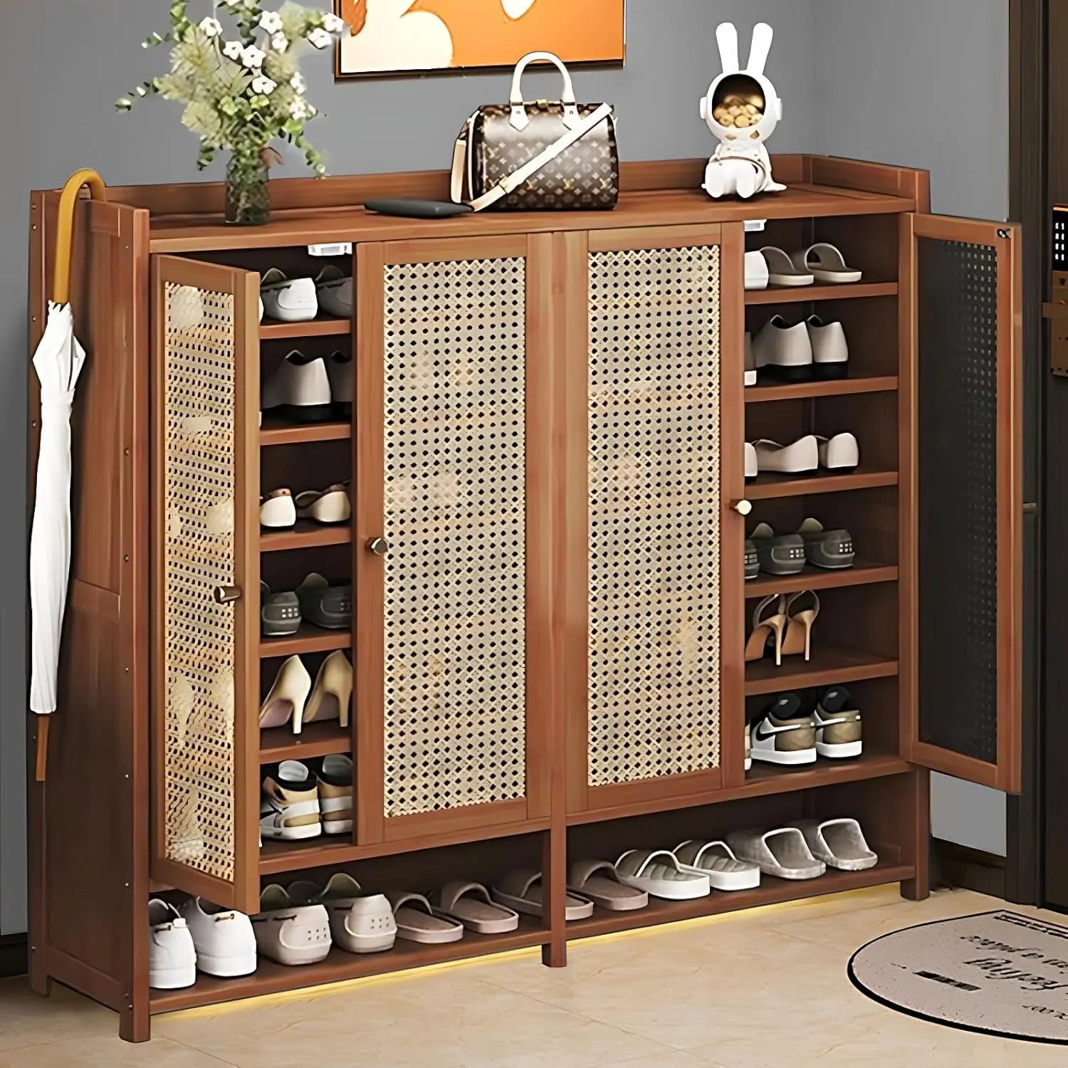 8 Tier Bamboo Shoe Storage Cabinet with Doors, 38 - 42 Pairs Shoe Rack for Closet, Rattan Storage Cabinet with Doors for Hallway L - Recipeliebe.com