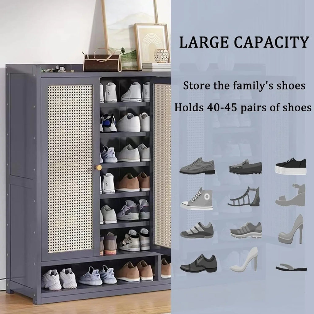 8 Tier Bamboo Shoe Storage Cabinet with Doors, 38 - 42 Pairs Shoe Rack for Closet, Rattan Storage Cabinet with Doors for Hallway L - Recipeliebe.com