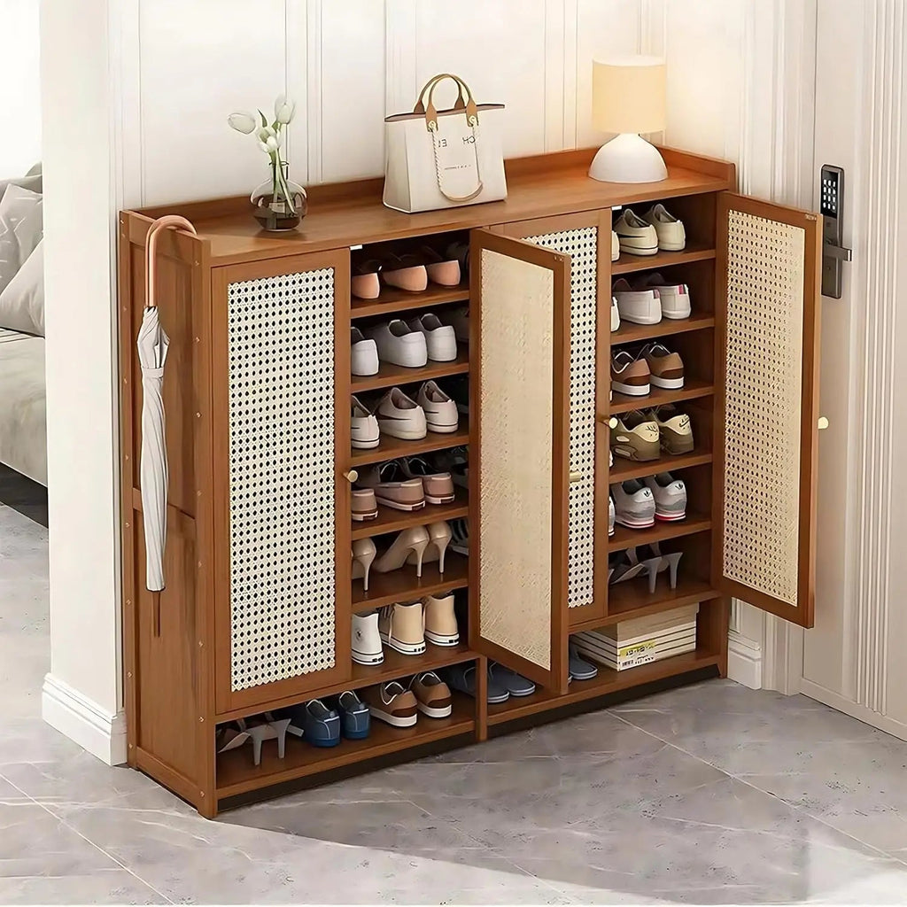 8 Tier Bamboo Shoe Storage Cabinet with Doors, 38 - 42 Pairs Shoe Rack for Closet, Rattan Storage Cabinet with Doors for Hallway L - Recipeliebe.com