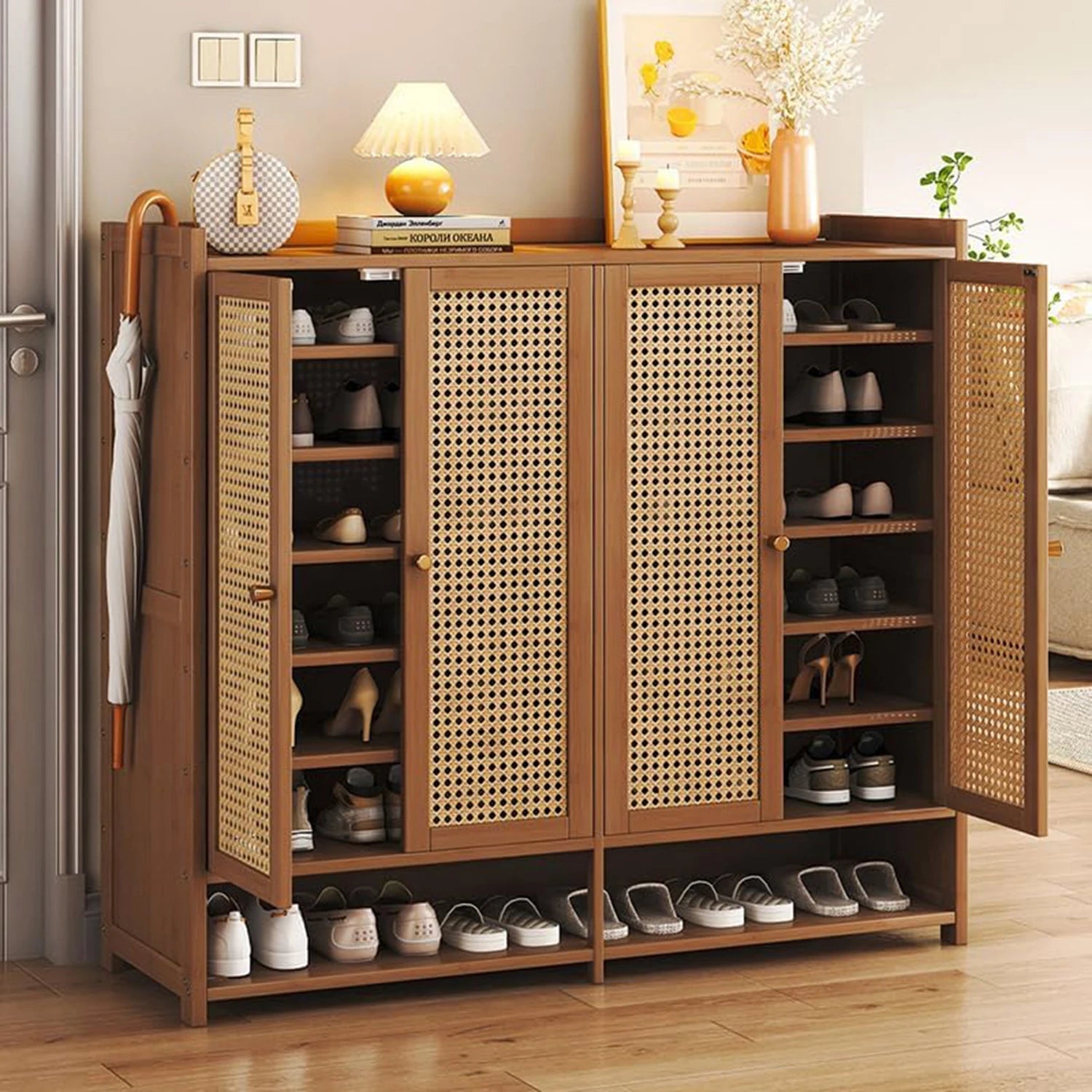 8 Tier Bamboo Shoe Storage Cabinet with Doors, 38 - 42 Pairs Shoe Rack for Closet, Rattan Storage Cabinet with Doors for Hallway L - Recipeliebe.com