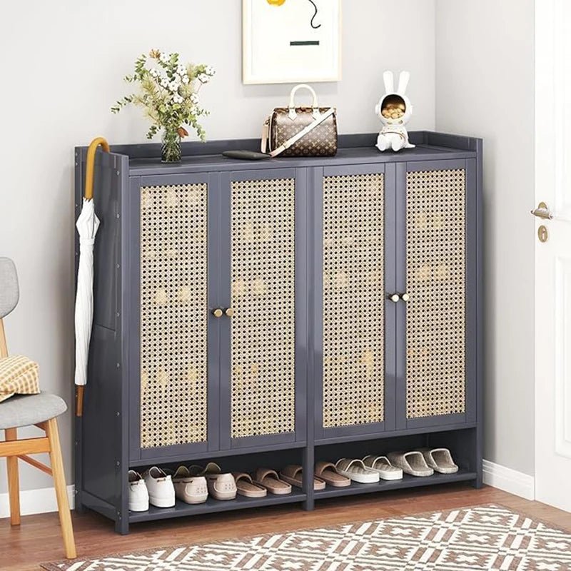 8 Tier Bamboo Shoe Storage Cabinet with Doors, 38 - 42 Pairs Shoe Rack for Closet, Rattan Storage Cabinet with Doors for Hallway L - Recipeliebe.com