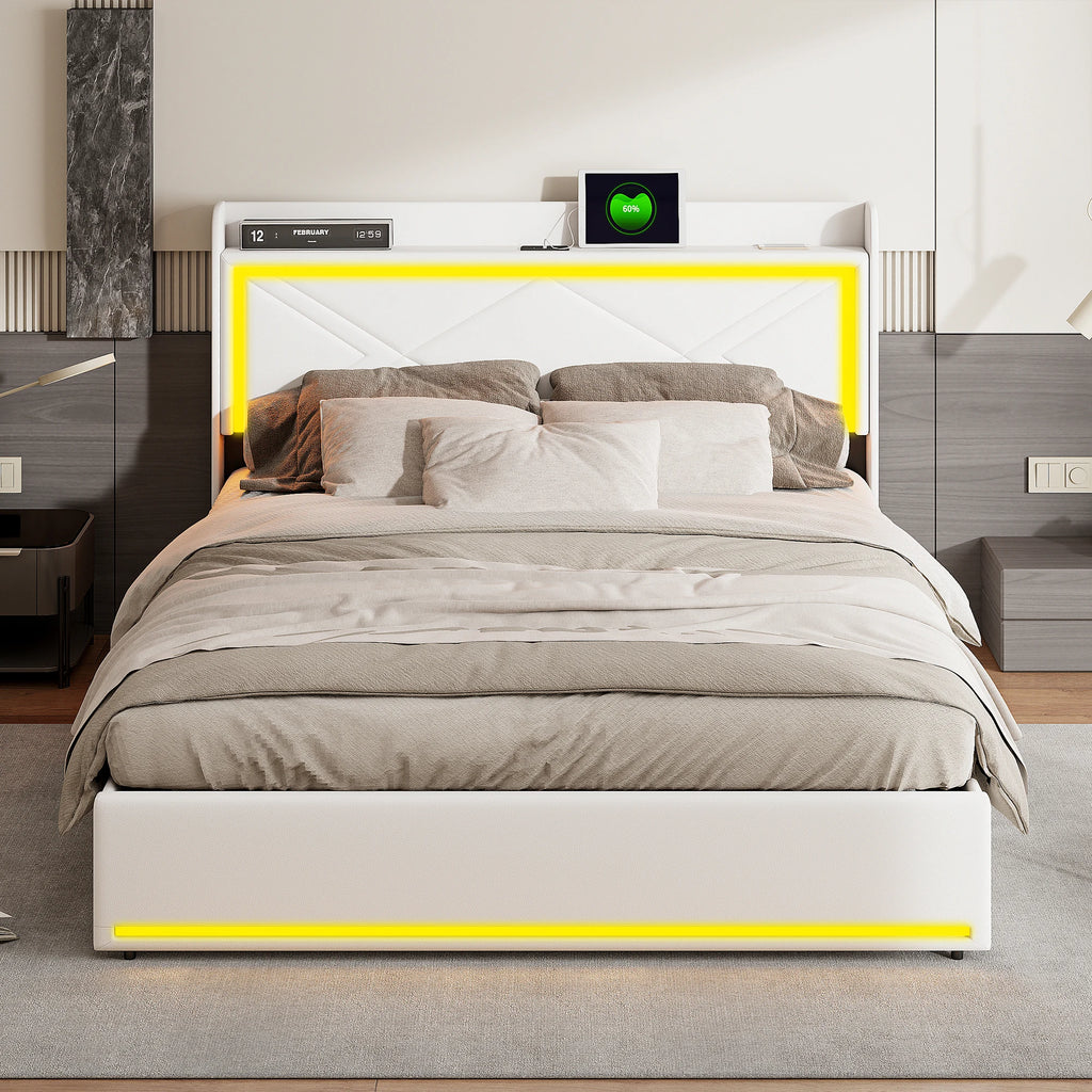 Comanlai Upholstered Bed, 160 x 200 cm, with LED and USB, Hydraulic Storage Bed,with Storage Space and Slatted Frame, PU,White