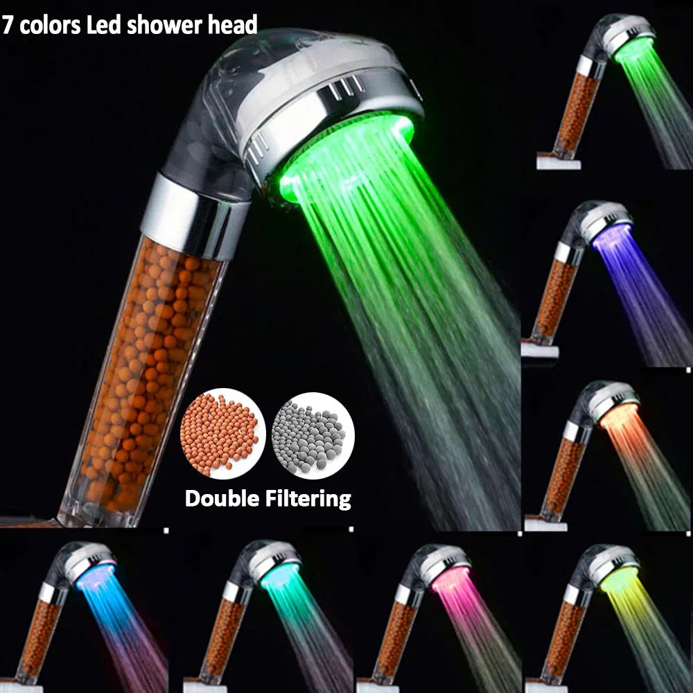 LED Temperature Control Colorful Pressure Boost Shower Head Set 3/7 Color Change One-Key Stop High Pressure Handheld Showerhead