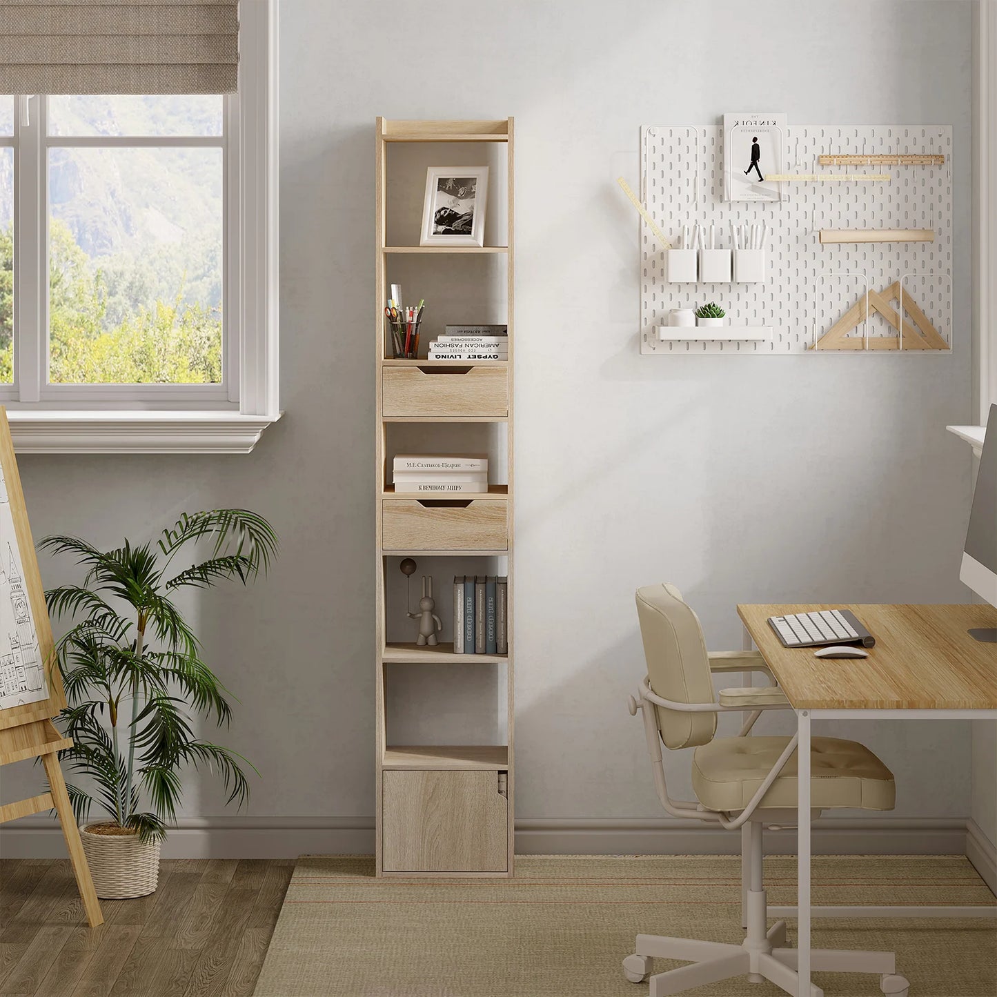 Narrow High Bookcase Shelf Freestanding Storage Unit with 6 Compartments 2 Drawers for Living Room Bedroom Office