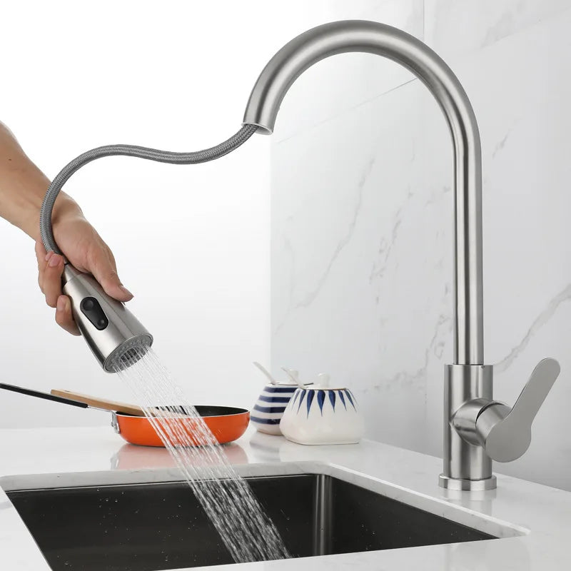 360° Stainless Steel Kitchen Faucet Single Hole Pull-out Spout Kitchen Sink Mixer Faucet Flow Spray Head Rotate Cleaning Faucet