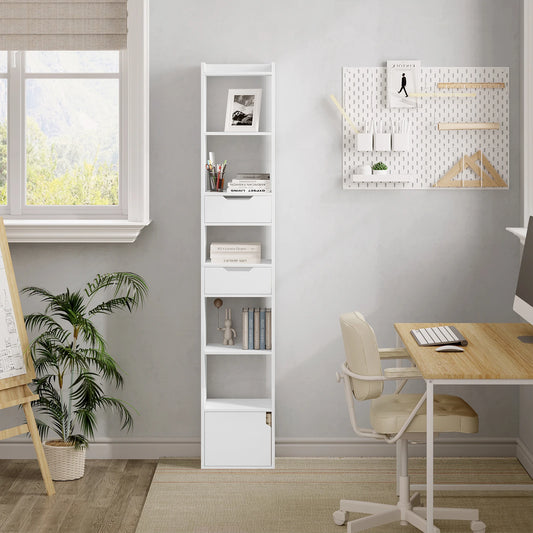 Narrow High Bookcase Shelf Freestanding Storage Unit with 6 Compartments 2 Drawers for Living Room Bedroom Office