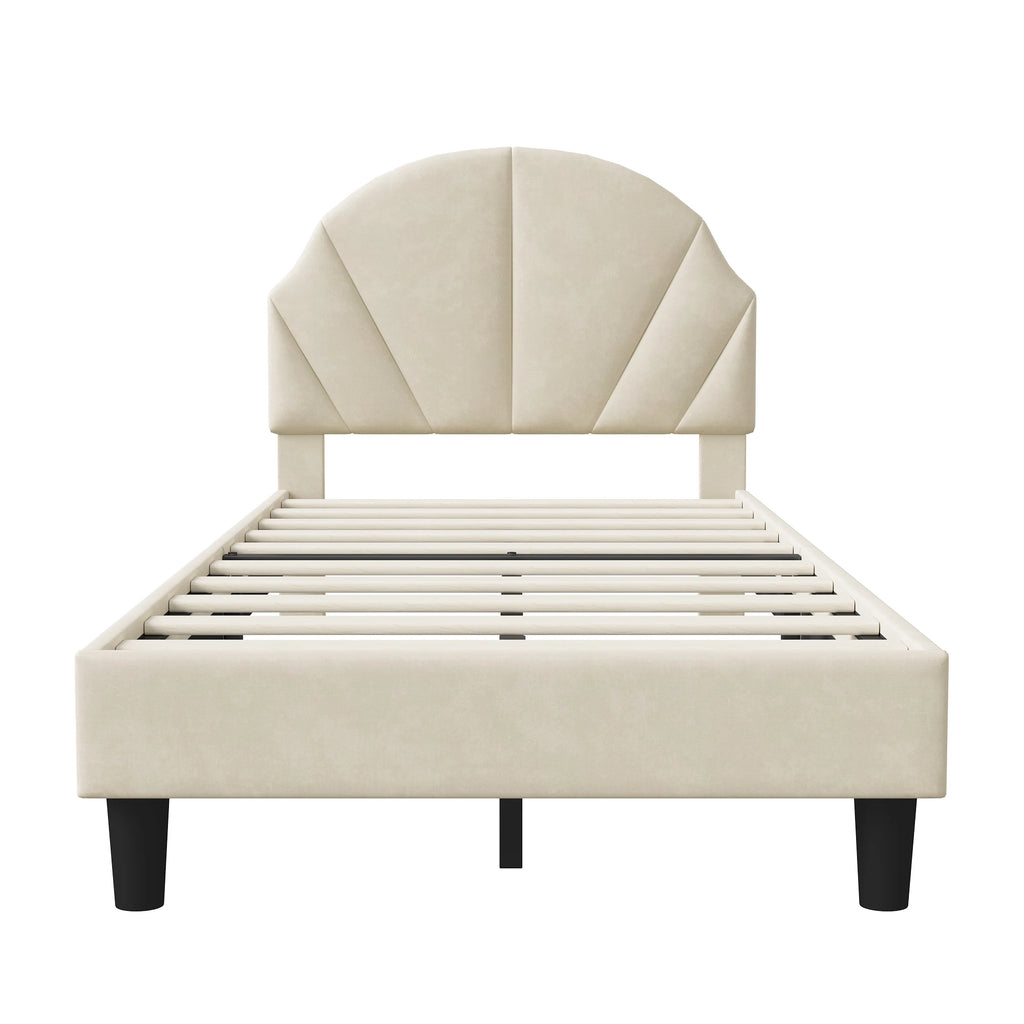 Rosahqnda Children bed 90x200 cm Adjustable Headboard Boy and girls Bed Teenage Bed Velvet Simple Assembly Beige/Pink