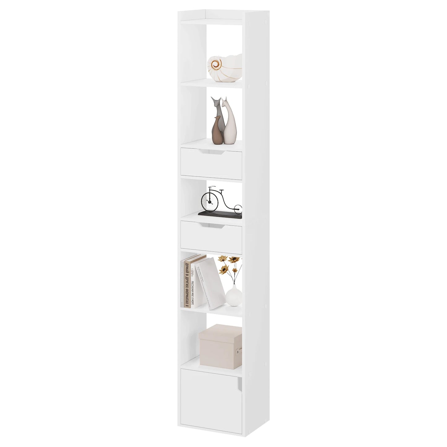 Narrow High Bookcase Shelf Freestanding Storage Unit with 6 Compartments 2 Drawers for Living Room Bedroom Office