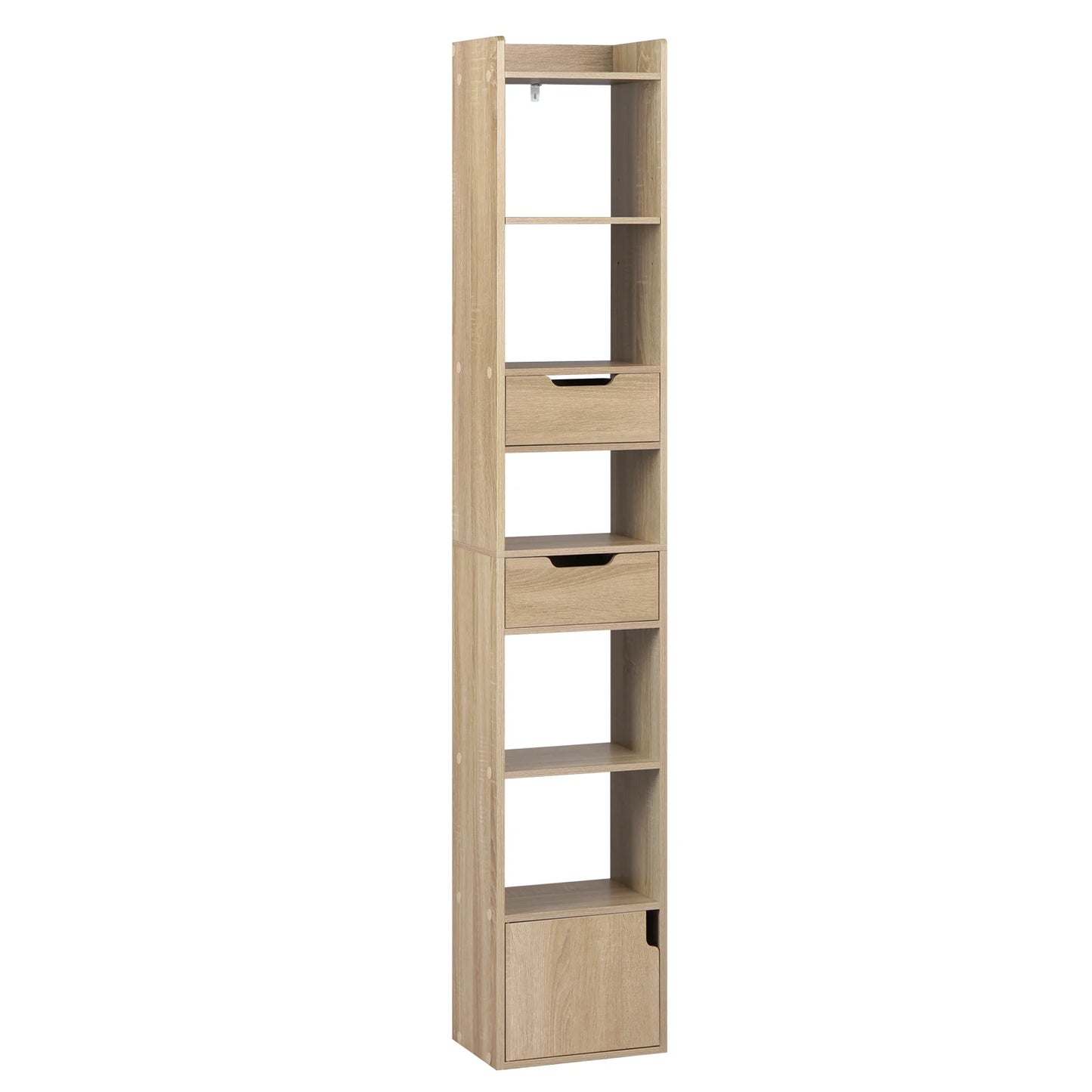Narrow High Bookcase Shelf Freestanding Storage Unit with 6 Compartments 2 Drawers for Living Room Bedroom Office