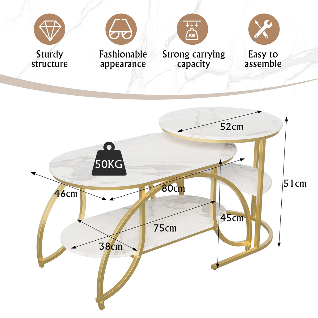 Anajqaqia Round Coffee Table set of 2, Modern Sofa Table, Side Table with Metal Frame, Marble Texture Design, for Living Room