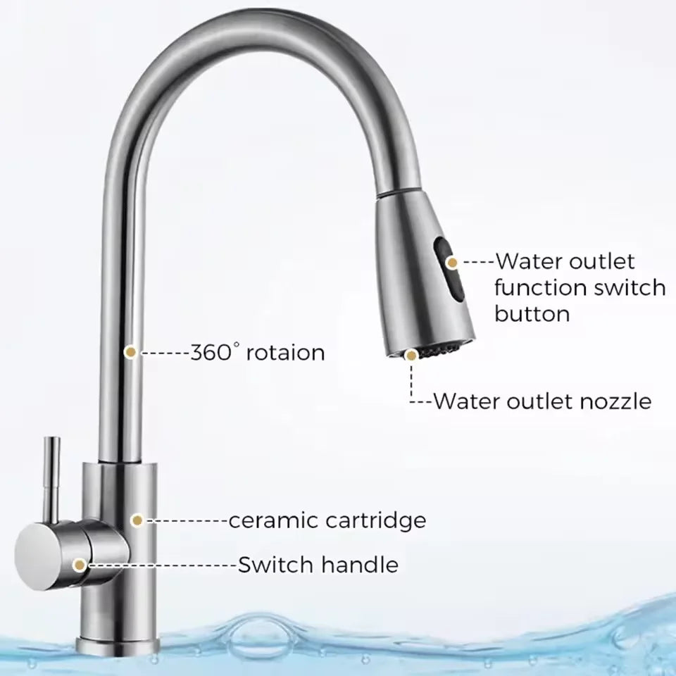 360° Stainless Steel Kitchen Faucet Single Hole Pull-out Spout Kitchen Sink Mixer Faucet Flow Spray Head Rotate Cleaning Faucet