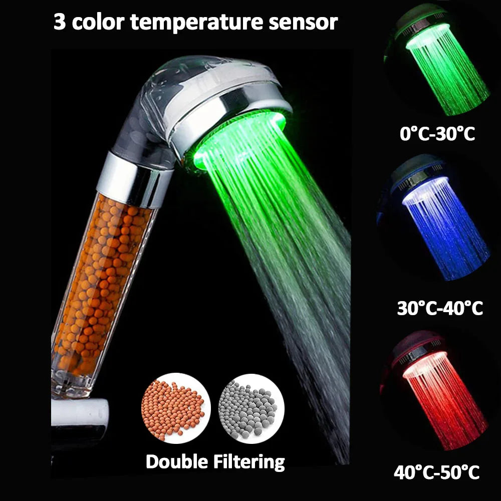LED Temperature Control Colorful Pressure Boost Shower Head Set 3/7 Color Change One-Key Stop High Pressure Handheld Showerhead