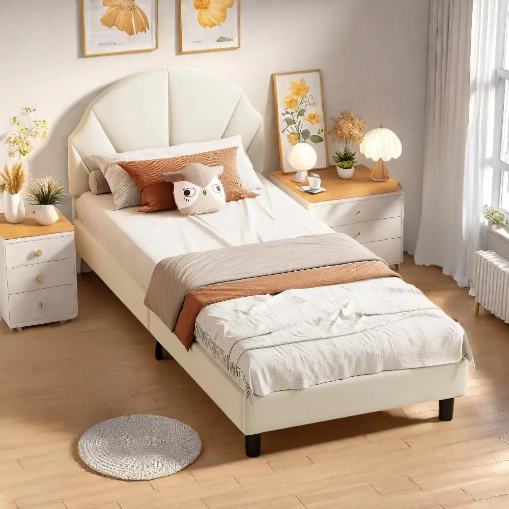 Rosahqnda Children bed 90x200 cm Adjustable Headboard Boy and girls Bed Teenage Bed Velvet Simple Assembly Beige/Pink