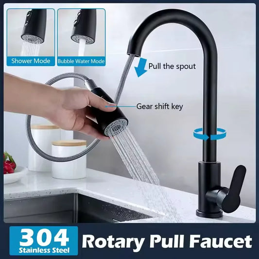 360° Stainless Steel Kitchen Faucet Single Hole Pull-out Spout Kitchen Sink Mixer Faucet Flow Spray Head Rotate Cleaning Faucet