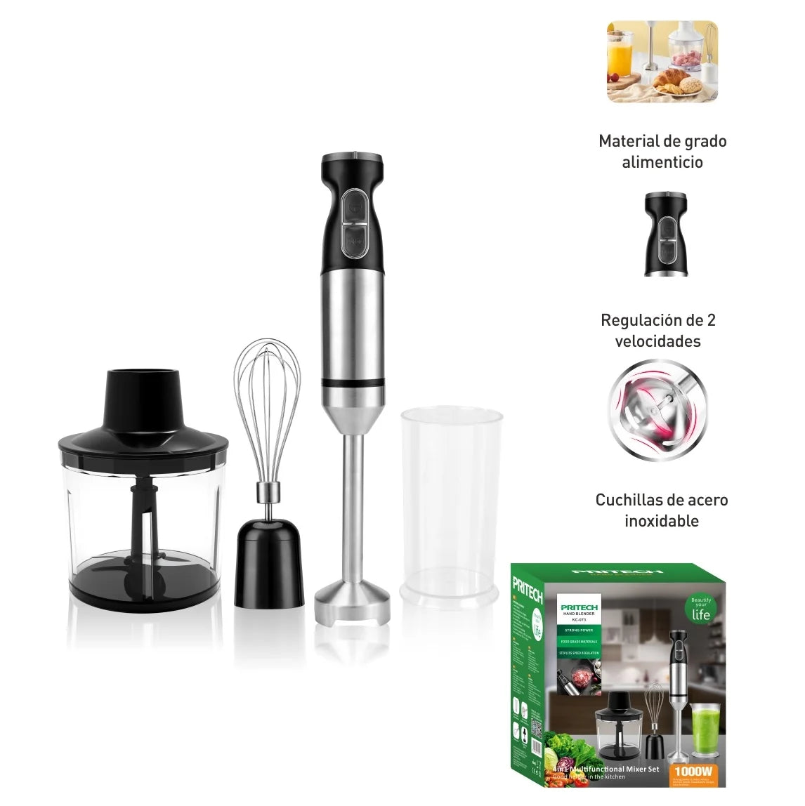 4 in 1 Hand Blender, 1000W - 2 Speeds - Stainless Steel Blades and Body, Stick Blender with Glass, Chopper, Emulsifier Whisk for Smoothies, Soups, Sauces