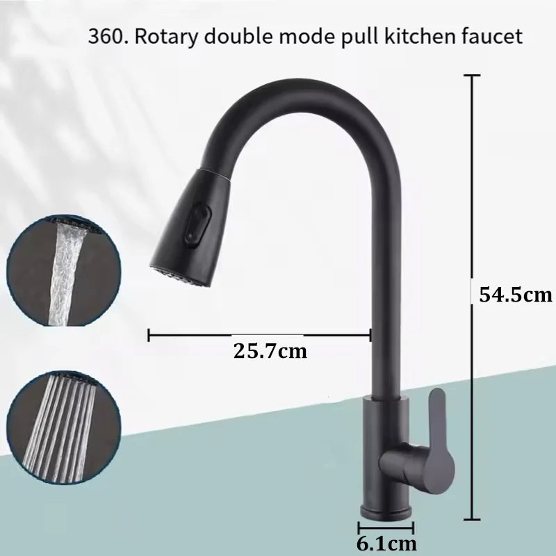 360° Stainless Steel Kitchen Faucet Single Hole Pull-out Spout Kitchen Sink Mixer Faucet Flow Spray Head Rotate Cleaning Faucet