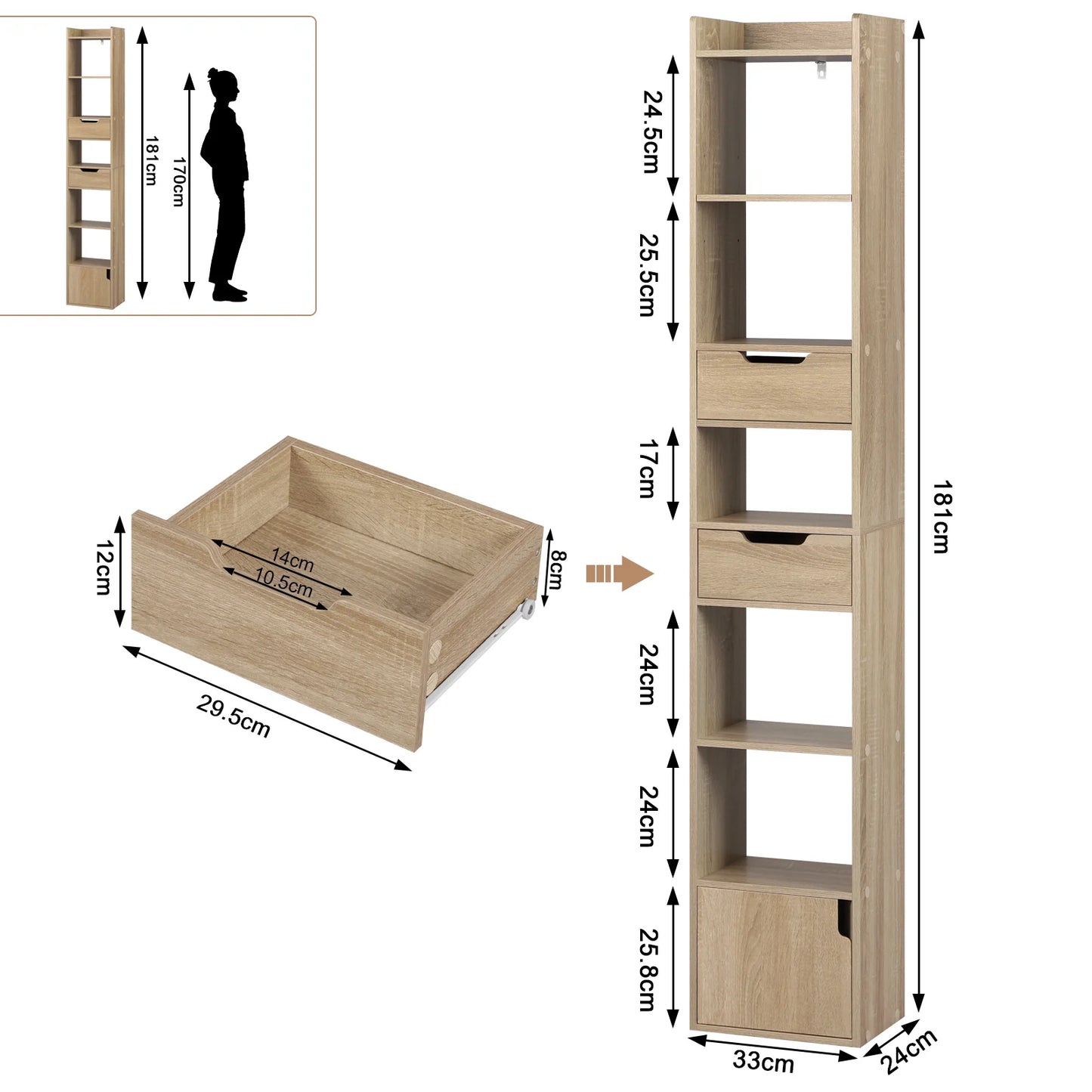 Narrow High Bookcase Shelf Freestanding Storage Unit with 6 Compartments 2 Drawers for Living Room Bedroom Office