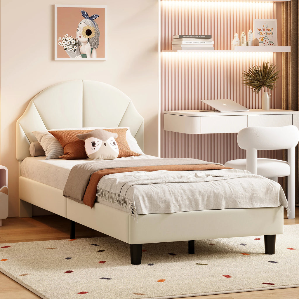 Rosahqnda Children bed 90x200 cm Adjustable Headboard Boy and girls Bed Teenage Bed Velvet Simple Assembly Beige/Pink