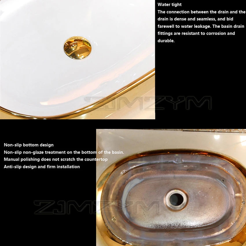 Gold Oval Countertop Ceramic Wash Basin 570*390*150mm Bathroom Vessel Sink