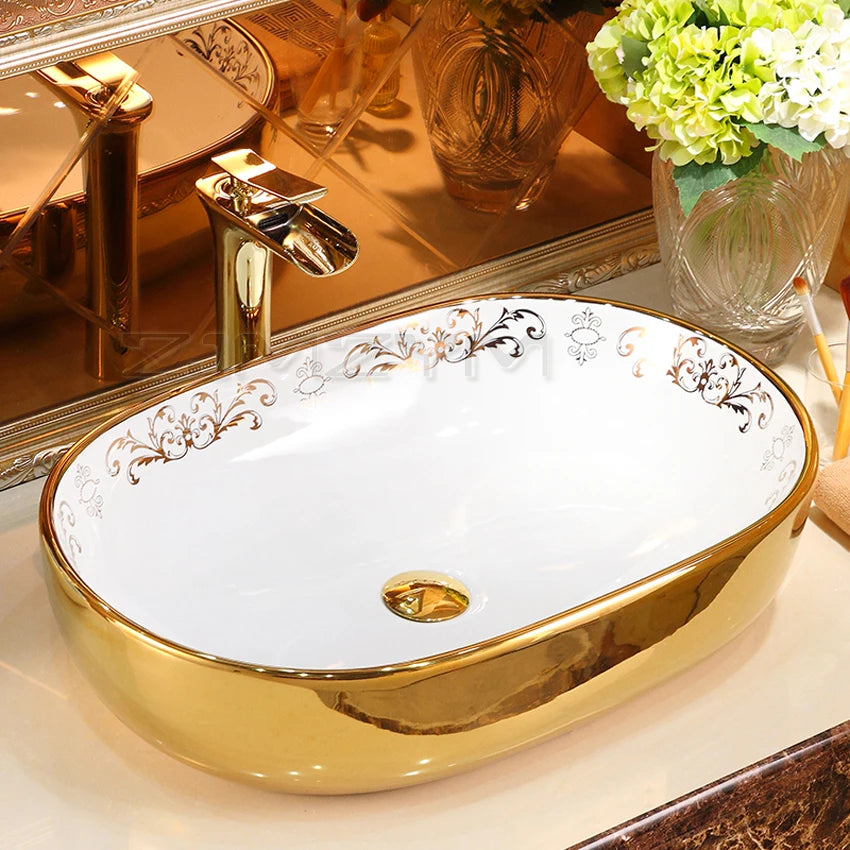 Gold Oval Countertop Ceramic Wash Basin 570*390*150mm Bathroom Vessel Sink