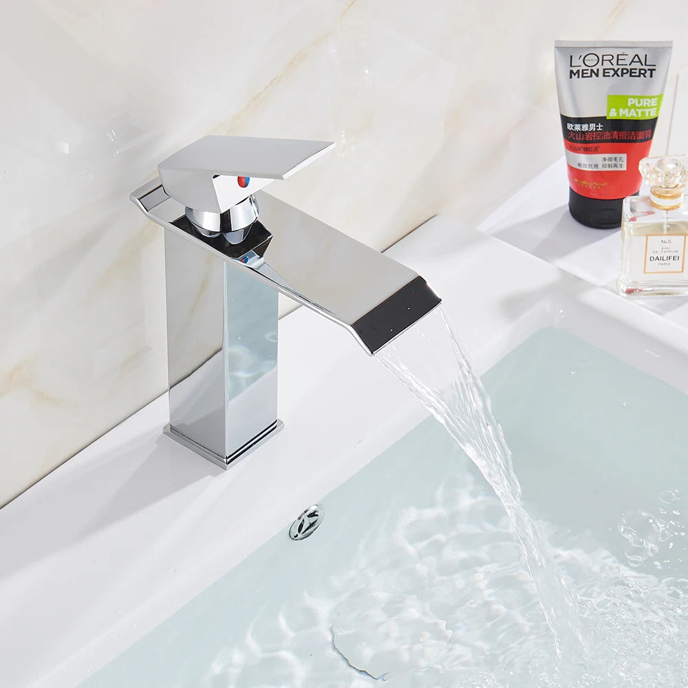 Rozin Waterfall Bathroom Sink Faucet Deck Mount Hot Cold Water Basin Mixer Taps Polished Chrome Lavatory Sink Tap
