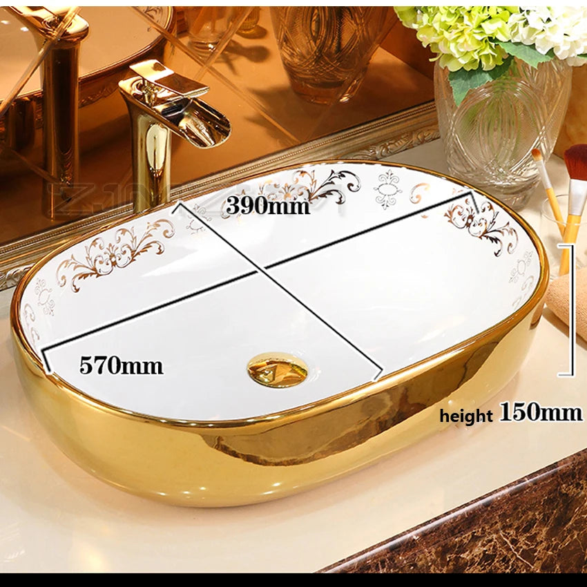 Gold Oval Countertop Ceramic Wash Basin 570*390*150mm Bathroom Vessel Sink