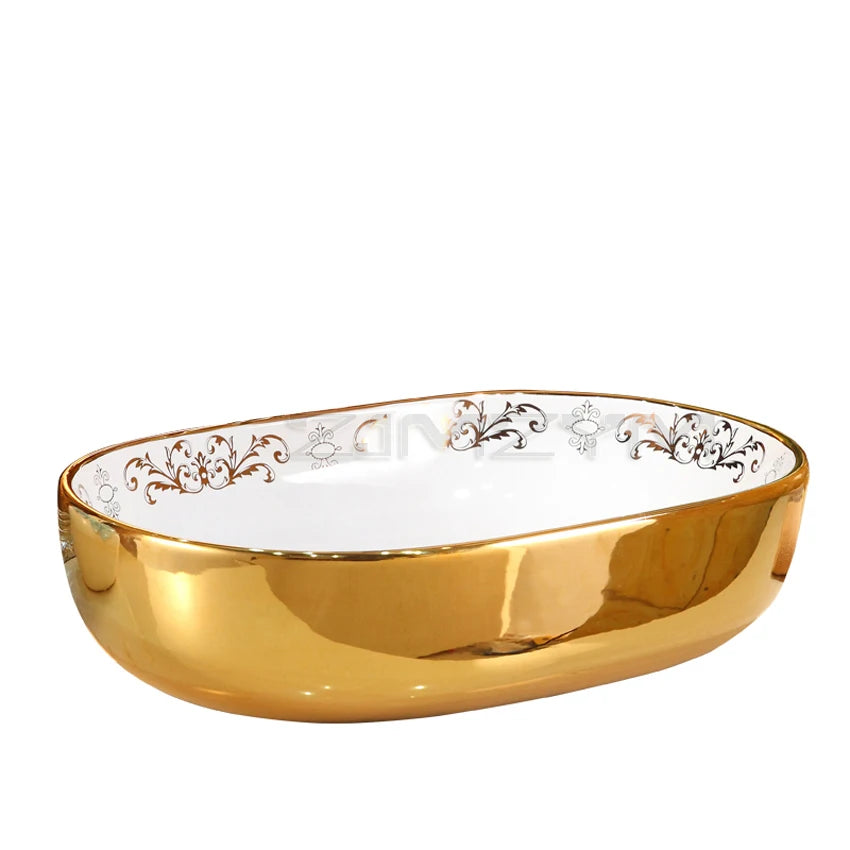 Gold Oval Countertop Ceramic Wash Basin 570*390*150mm Bathroom Vessel Sink